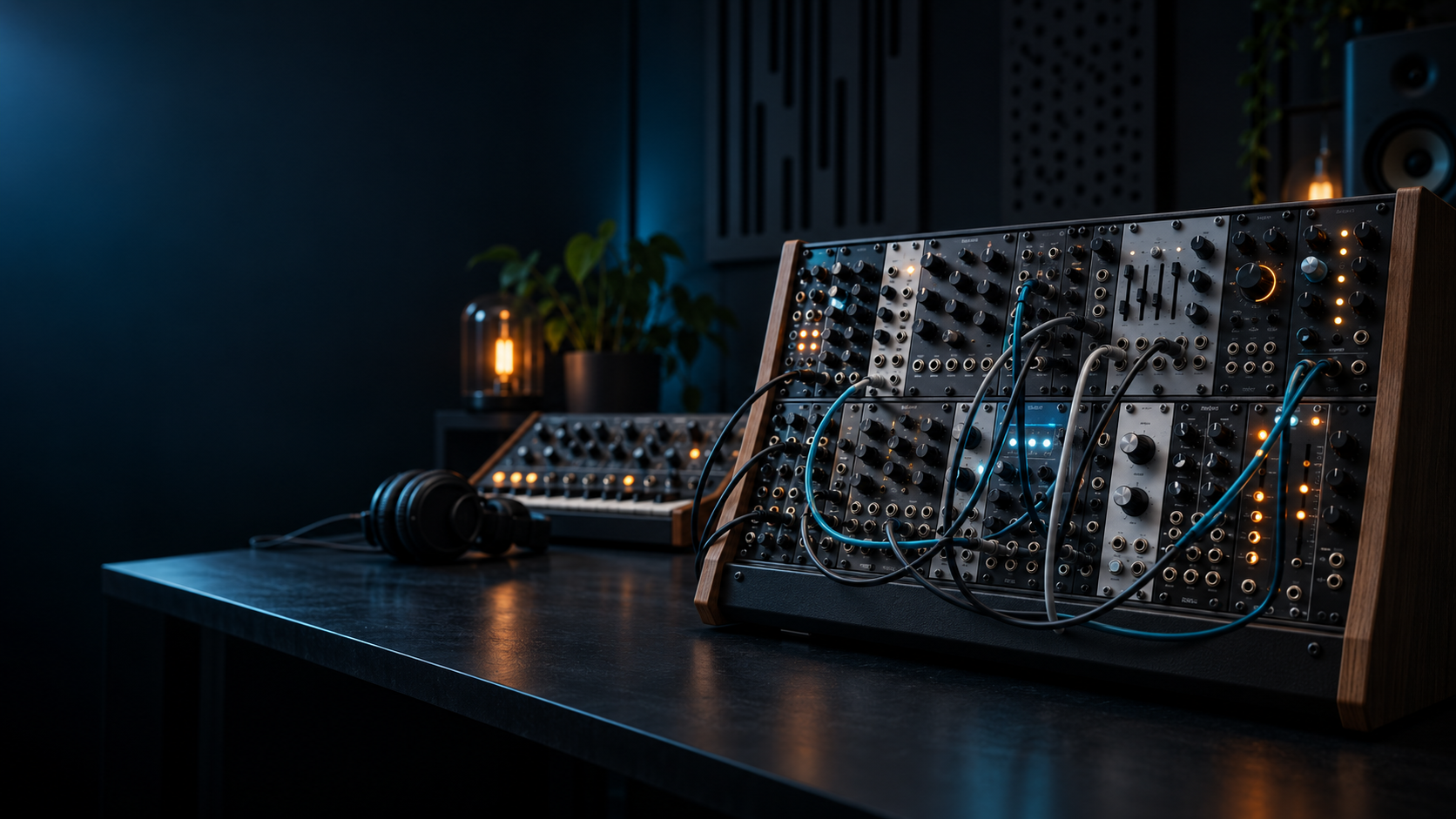 A modular synthesizer rack glowing in a dark music studio